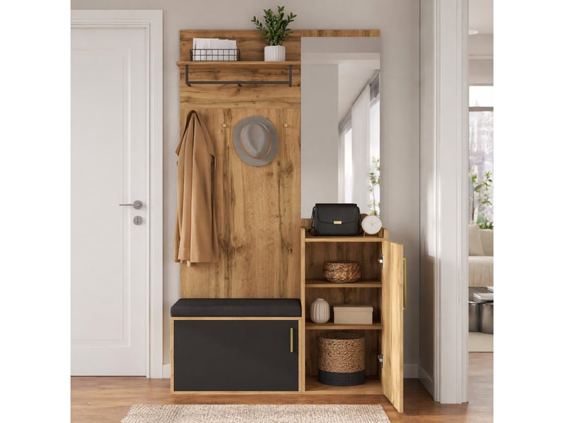 Meuble d’entrée miroir, banc et range-chaussures - lpospi - fermeture douce, panneau de particules noir naturel - Conforama C