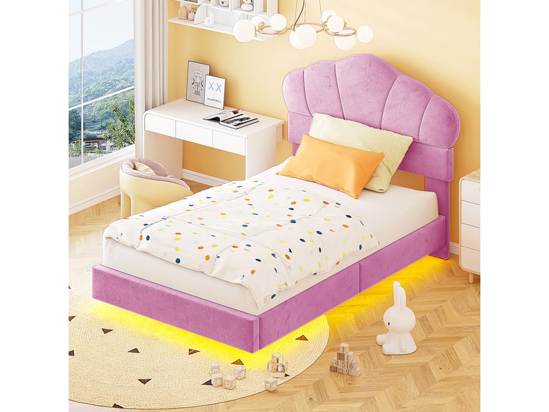  Lit enfant 90x200 cm en velours rose avec barre led sur le pourtour, tête de lit en forme de nuage et pied de lit caché  - Conforama D