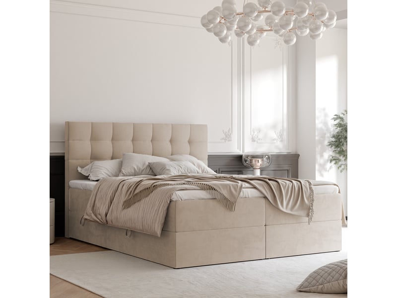  Lit adulte grand - 180x200 cm - matelas ressorts + surmatelas - coffre de rangement - velours dense hydrofuge beige clair GRAND - Conforama B