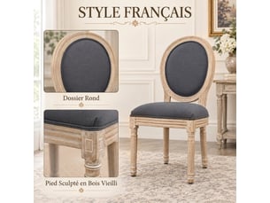 Lot de 2 chaises de salle à manger, assise et dossier rembourrés en effet lin, chaises médaillon style louis xvi, gris