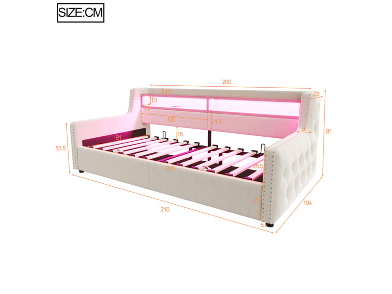 Canapé-lit 90 x 200 cm beige avec rangement hydraulique, led, étagère, prises et sommier à lattes - Conforama E