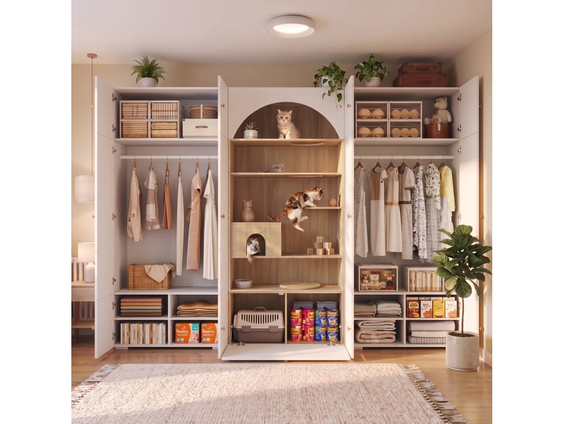  Armoire dressing 3-en-1 270 x 50 x 200 cm avec espace pour félins, blanc et bois  - Conforama E