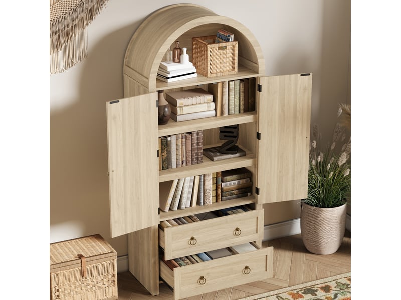 Buffet et enfilade avec 2 portes en rotin, 2 tiroirs, étagères réglables et crochets pour salon en mdf chêne clair - Conforama D