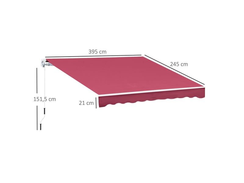  Store banne manuel 395 x 245 cm avec manivelle, pour balcon, terrasse ou patio, en aluminium et toile polyester 280 gm², anti-uv, rouge.  - Conforama E