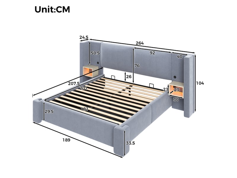 Lit rembourré 180x200 cm en lin et mdf avec led et rangement hydraulique gris chicfurn - Conforama D