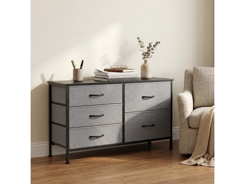  Commode en tissu à 5 tiroirs, commode de chambre, structure en acier, commode pour salon ou bureau, gris foncé et noir  - Conforama D