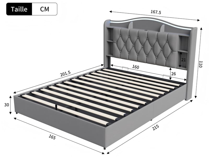  Lit coffre rembourré 160x200 cm - velours - avec éclairage led et port usb - tête de lit avec rangement  - Conforama C