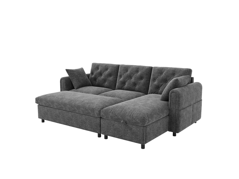 Canapé d'angle réversible gris 3 places avec coffre de rangement, pouf et poches latérales 219cm - Conforama D