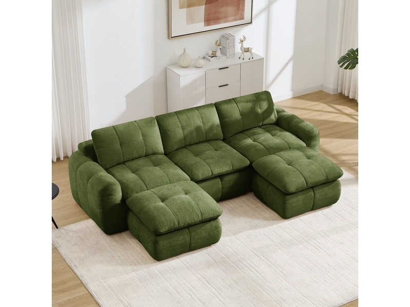 Canapé modulable 3 places modenvie en u en chenille vert avec 2 poufs, mousse haute densité 32d, 264 x 160 x 68 cm  - Conforama D