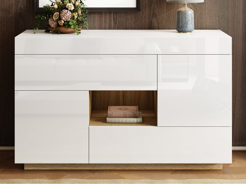 Buffet de salon, 120 x 37 x 76,5 cm, meuble de rangement avec éclairage led, 2 portes 2 tiroirs, blanc - Conforama B