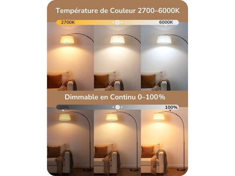  Lampadaire arche ajustable 143 176 cm en lin beige marron 370618_AADHM40309_6_DROPFR - Conforama E