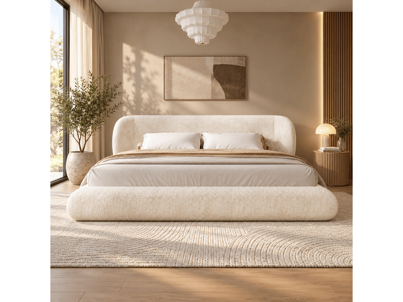  Lit rembourré 140 x 200 cm, lit double avec sommier à lattes, tête de lit, coins arrondis, mousse haute élasticité, cadre en bois, chenille, beige Bliss Lite - Conforama D