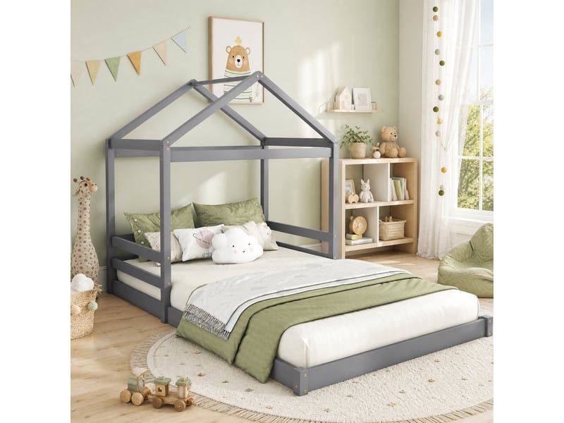  Lit enfant cabane 140x200 cm avec sommier à lattes coloris gris  - Conforama B
