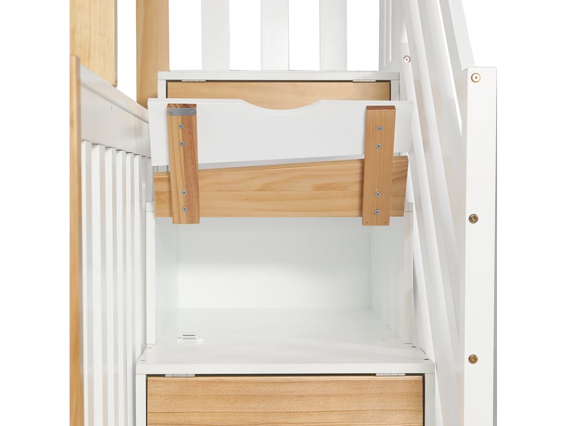 Lit superposé 254x216,5x165 cm avec lit tiroir, escalier de rangement, bois et mdf, blanc et naturel  - Conforama E