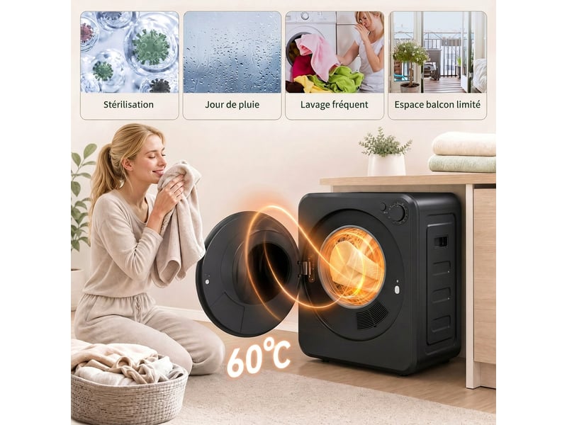 Sèche linge à évacuation compact 2,5kg, sèche-linge électrique 400800 w, 5 modes de séchage, charge frontale, noir  - Conforama R