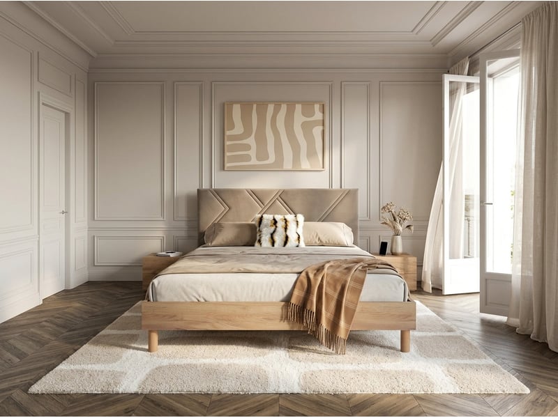  Bobochic lit marvin tissu velours lisse avec lattes massives beige 140x190 MARVIN - Conforama B