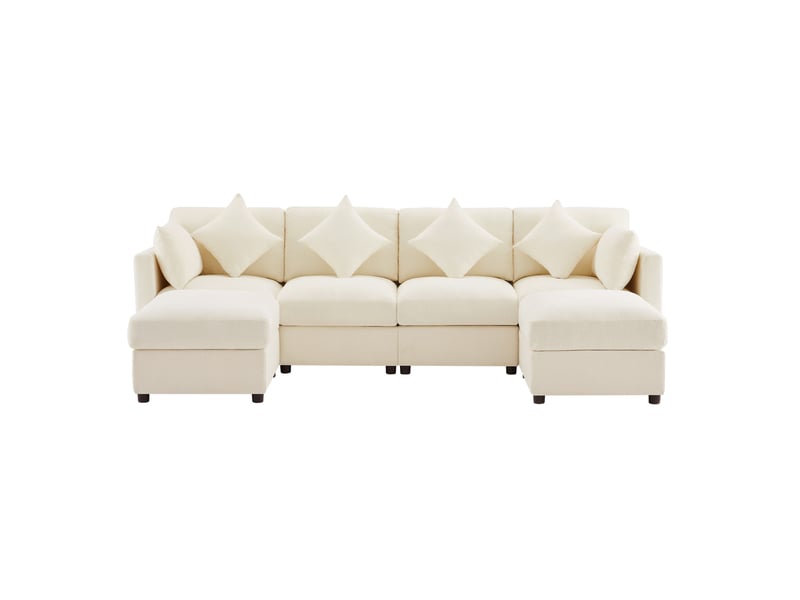  Canapé d'angle modulable 6 places en tissu beige convertible avec 2 poufs et accoudoirs réglables, confort modulable  - Conforama A
