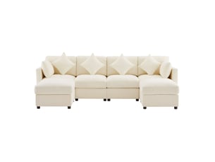 Canapé d'angle modulable 6 places en tissu beige convertible avec 2 poufs et accoudoirs réglables, confort modulable
