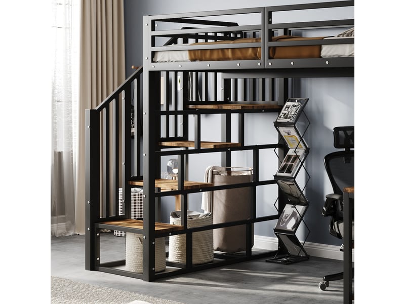  Lit mezzanine,120 x 200 cm,vec rampes, bureau et étagère de rangement inclus,coloris noir et foncé  - Conforama E