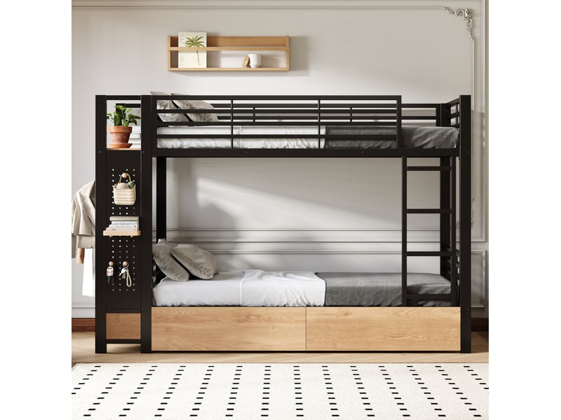  Lit superposé 90 × 200 cm avec 4 tiroirs, étagères, led, panneau perforé et porte-vêtements, sans matelas, noir  - Conforama D