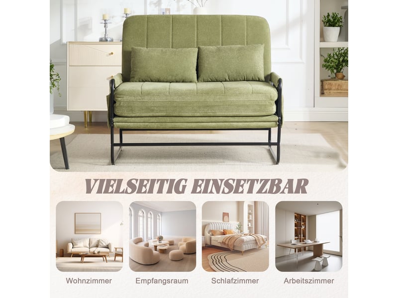 Fauteuil convertible 2 places avec couchage, poches latérales, coussin lombaire et cadre métal en chenille olive - Conforama E
