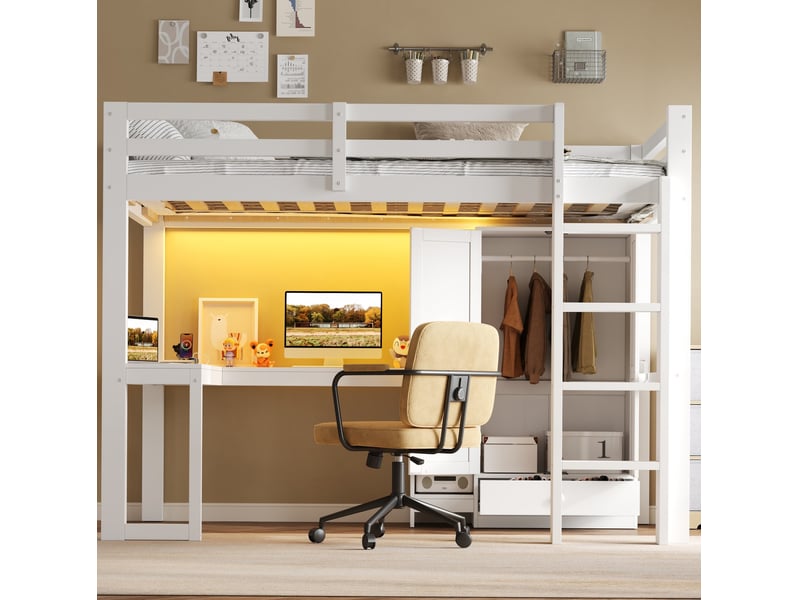  Lit mezzanine 90x200 cm avec bureau, rangement, led et usb blanc  - Conforama D