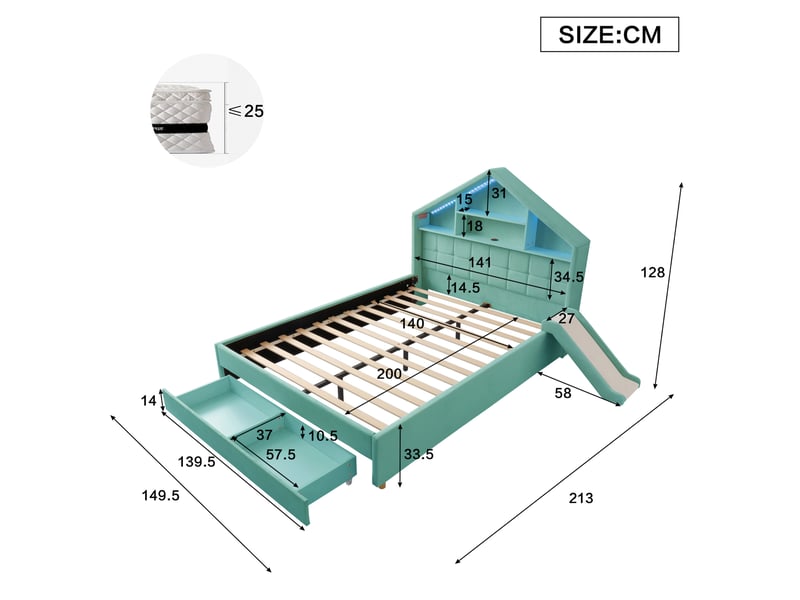  Lit enfant 140x200 cm avec toboggan réversible, rangement en velours bleu vert  - Conforama E