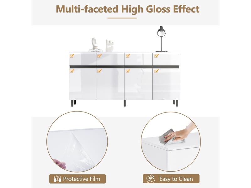  Buffet blanc 160x40x68 cm, meuble rangement avec 4 tiroirs et 2 portes, structure stable panneau de particules pour entrée  - Conforama E