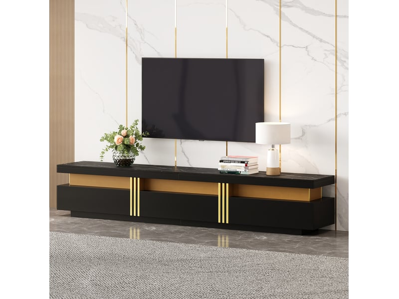  Meuble tv avec 3 tiroirs et passe-câbles, finition effet marbre noir, panneaux de particules, 200 × 40 × 42 cm  - Conforama B