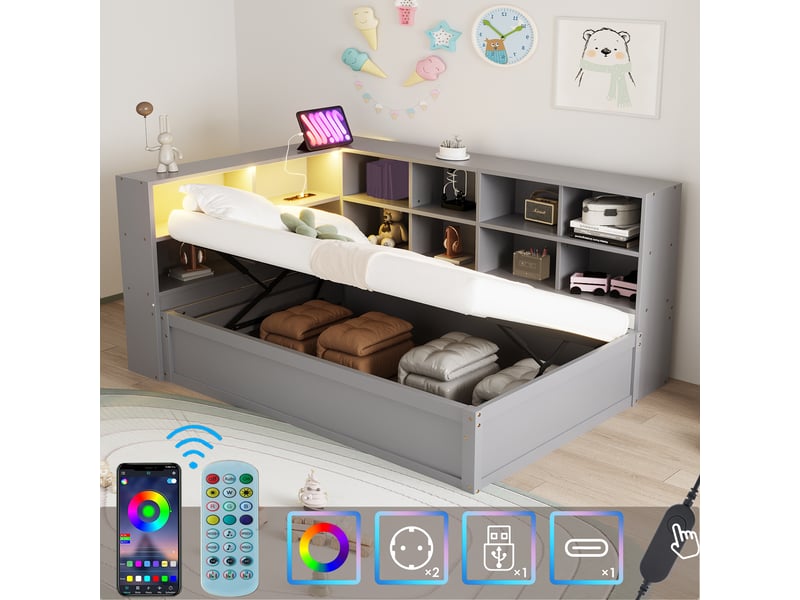  Lit en bois 90*200 avec prise multiple, rangements et led, hydraulique, gris, multifonctionnel pour chambre  - Conforama E