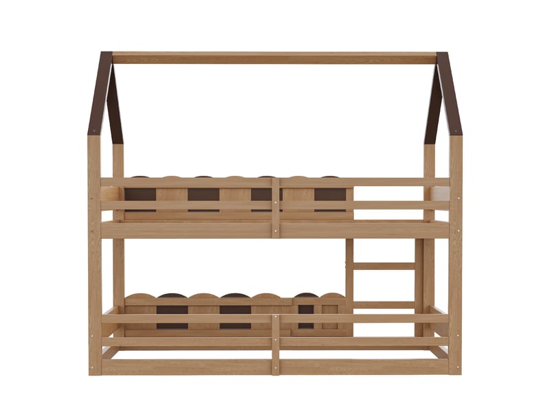  Lit superposé enfant 90x200 cm bois naturel en bois, forme maison, barrières hautes et échelle Fay Lum - Conforama E