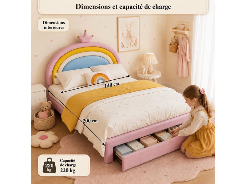  Lit coffre 140x200 cm, lit enfant avec rangement, tête de lit rembourrée, evêtement pu rose, sans matelas  - Conforama E