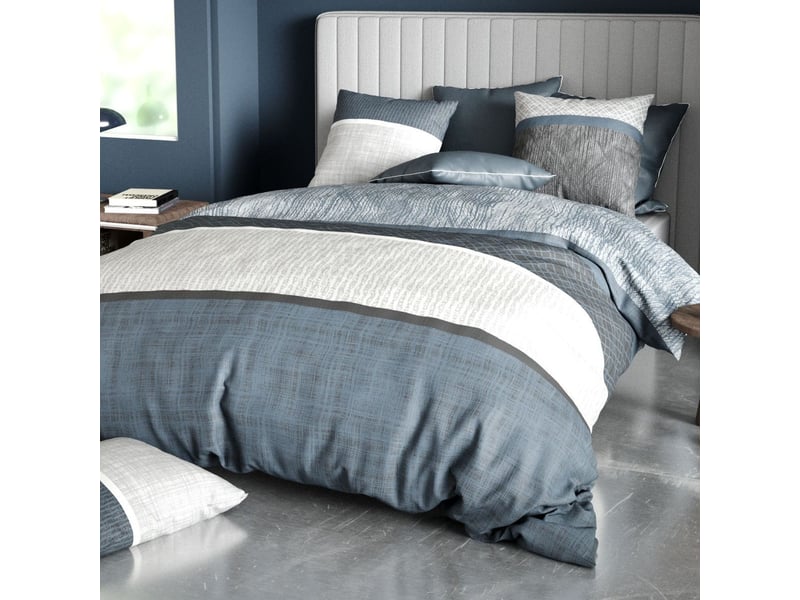  Parure housse de couette 240x220cm + 2 taies motif graphique bleu et gris 100% coton - enezia ENEZIA - Conforama B