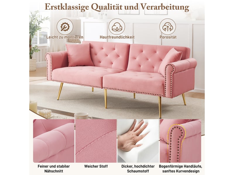 Canapé convertible 2 places à double dossier réglable 3 positions, coussins et pieds en métal doré, velours rose, 147×85 cm - Conforama E