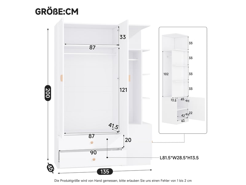  Armoire dressing 135 x 45 x 200 cm, 2 tringles, 2 tiroirs, 4 poignées en bois massif, mdf, blanc ABC - Conforama C