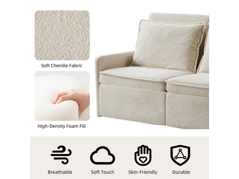  Canapé droit avec fonction sommeil canapé-lit avec coussins et usb dossier réglable 5 positions rangement en chenille beige  - Conforama E