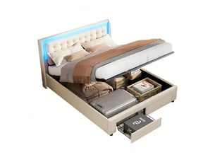 Lit coffre 140x190 cm avec tête de lit éclairée - leds rgb - velours beige - sommier à lattes - rangement hydraulique et tiroirs