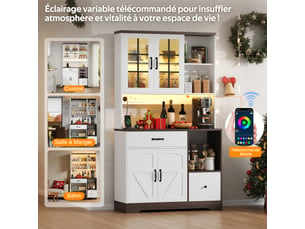 Buffet haut de cuisine blanc,meuble moderne avec led,plan de travail,prise avec usb,portes vitrées,105x40x185cm