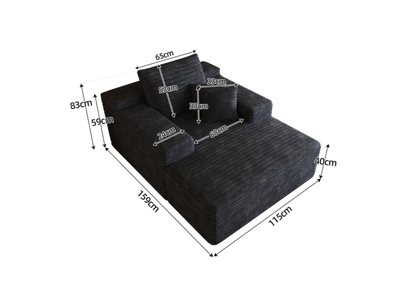  Canapé velours côtelé noir modulable en mousse, méridienne assise profonde sans montage, 115x159 cm  - Conforama C