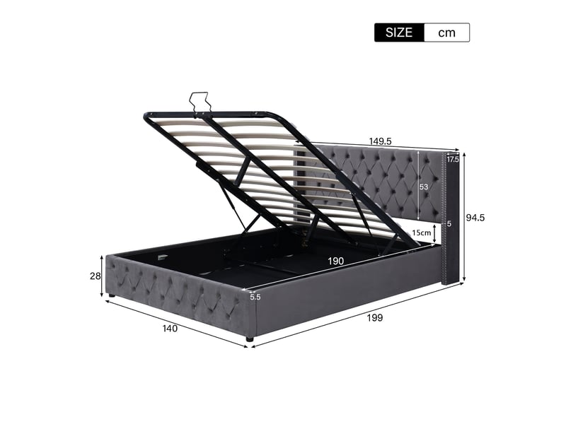  Lit coffre 140x190 avec ouverture hydraulique, tête de lit à rivets et rangement intégré, gris, sans matelas  - Conforama C