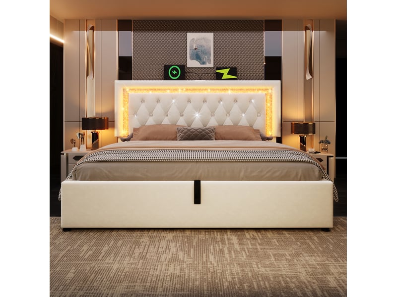  Lit coffre 140 × 200 cm 2 places avec led réglable, usb et type-c, rangement hydraulique, matelas inclus, velours beige  - Conforama B