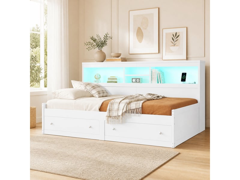  Lit de jour 90 x 200 cm avec 2 tiroirs, led, usb, prises et sommier à lattes blanc  - Conforama B