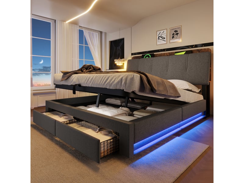 Lit coffre 140x200 cm, lit double, rangement hydraulique, led, lin gris, usb et usb-c - Conforama W