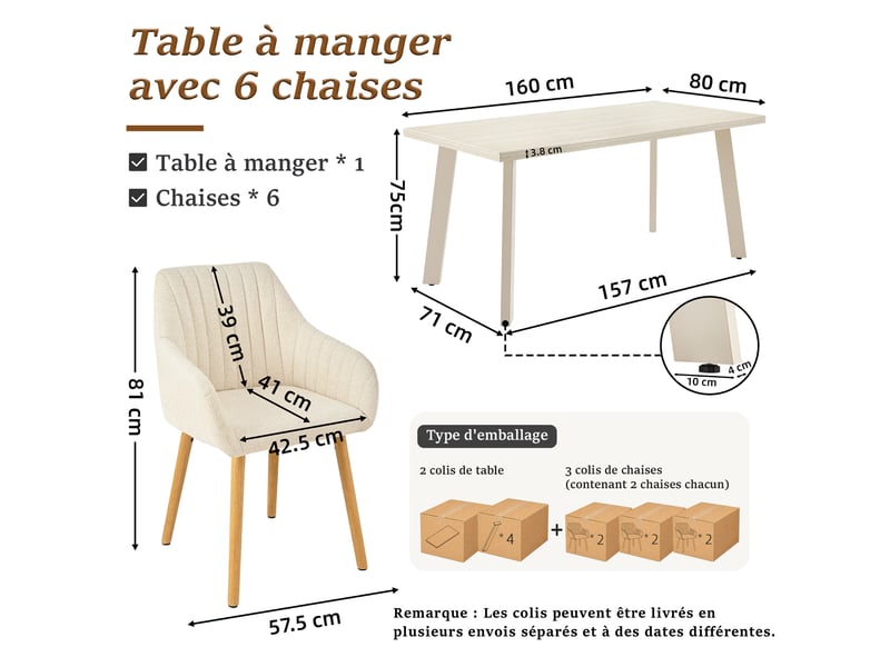  Ensemble table et 6 chaises - table rectangulaire 160x80 cm monobloc en travertin et pieds métal, 6 chaises en chenille crème et pieds bois  - Conforama C