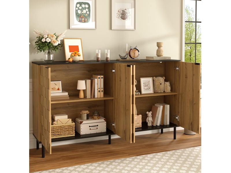  Buffet 160x35x80,5 cm, meuble de cuisine et salon, 4 portes, design mosaïque, panneau de particules naturel, rangement  - Conforama E