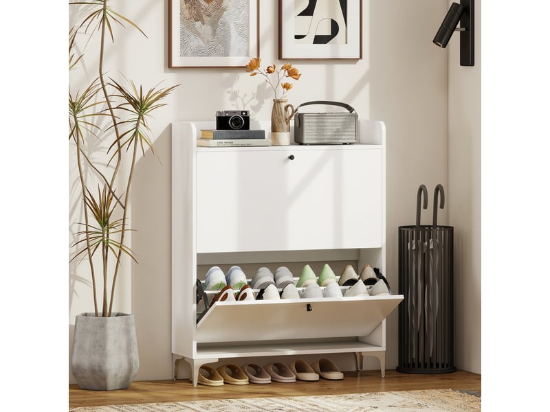  Meuble à chaussures 16 paires, armoire à chaussures avec 2 tiroirs rabattables, étagères réglables, 80x24x101cm, blanc  - Conforama B