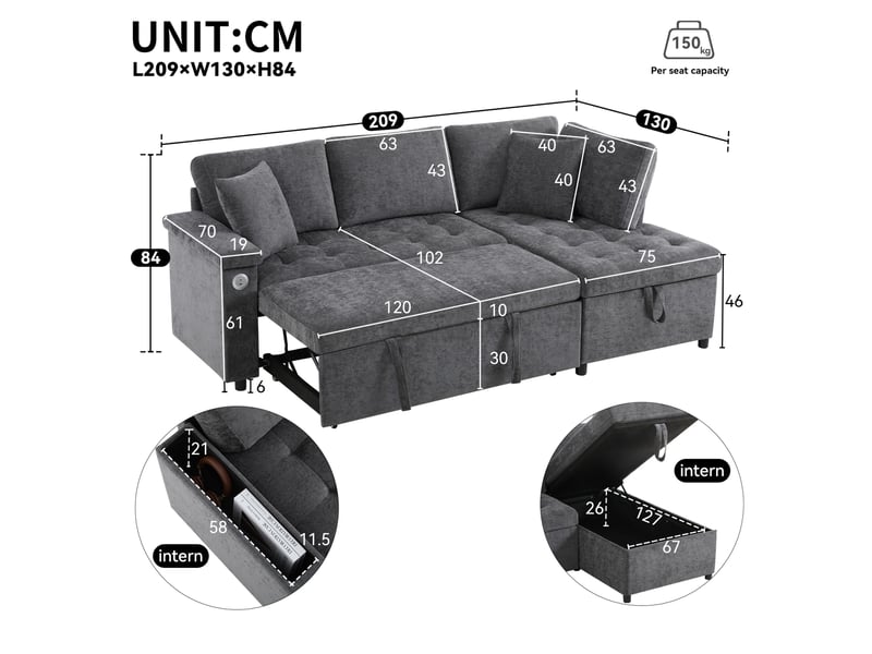  Canapé d'angle droit convertible 209x130 cm – gris foncé – rangement, usb, porte-gobelet et 2 coussins  - Conforama C