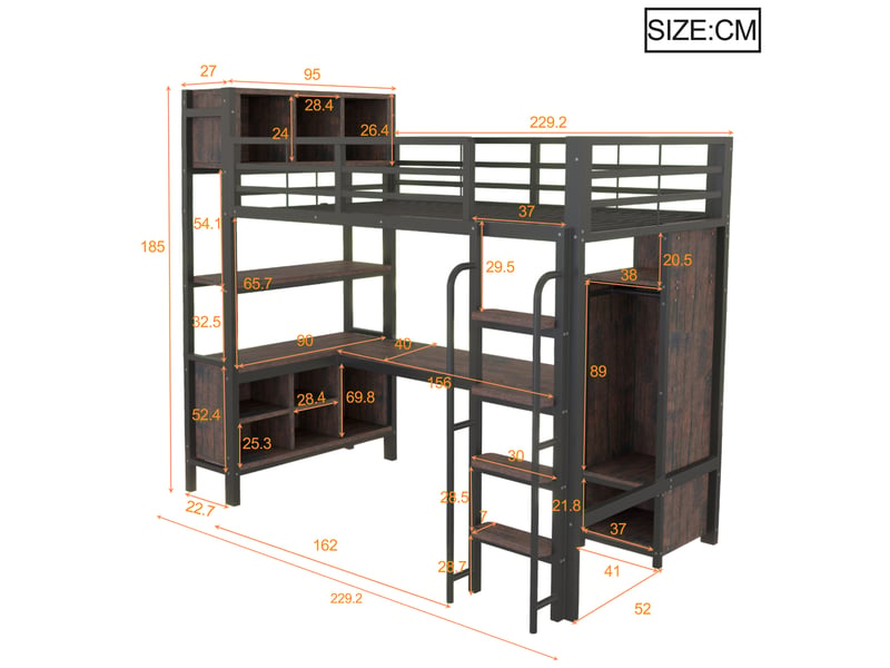  Lit mezzanine enfant 90x200 cm avec bureau, armoire, étagères, compartiments de rangement, éclairage led, prises eu, barrière de sécurité, cadre de lit en métal, noir  - Conforama C
