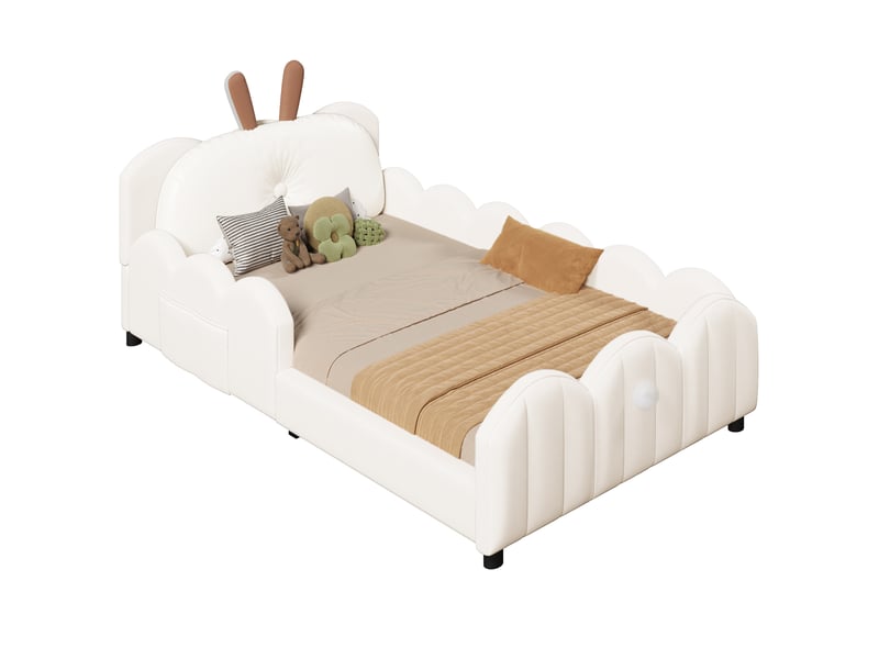  Lit jeune 90x200cm, bois, velours beige, mdf, barrières de protection, tête avec coussin lapin  - Conforama A