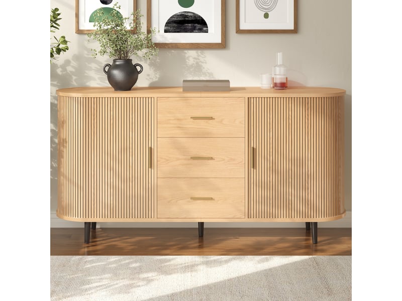  Buffet 160x40x80,5 cm, meuble rangement courbé avec 3 tiroirs, portes coulissantes, rainures verticales, pieds fer, mdf, naturel Sol Morn - Conforama E